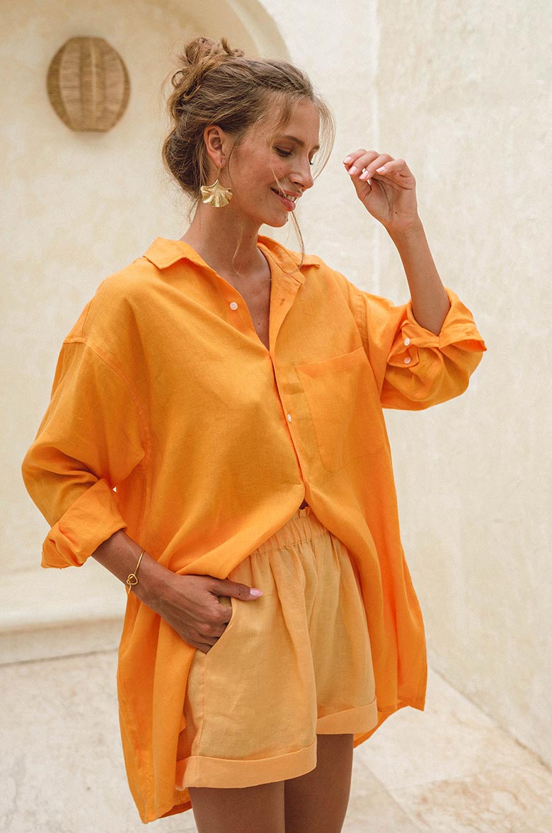 Comfortable loose fitted french linen mango orange shorts