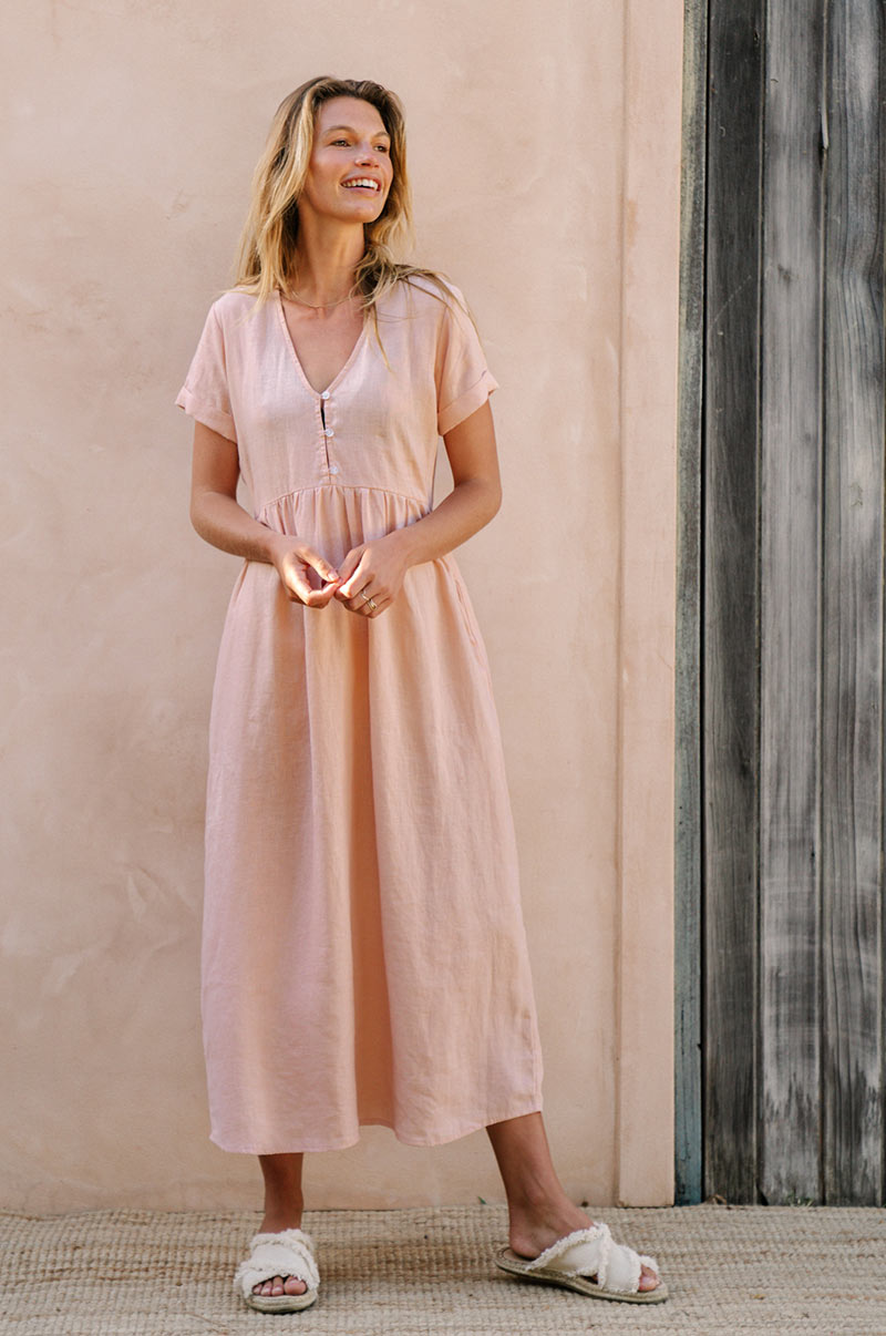 Peach pink button-up bodice - midi dress